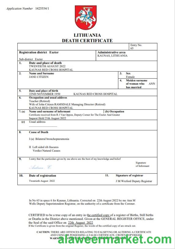 Lithuania vital record death certificate Word and PDF template